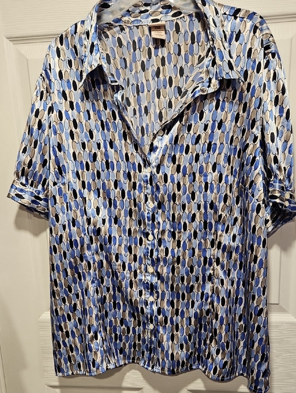Covington Woman Blue and Gray Oval Print Satin Blouse